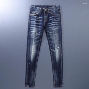 Jeans masculino moda moda de alta qualidade vintage elástica azul right dividido pintado de designer de hip hop calças