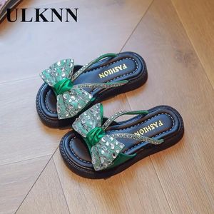 Girls Bow Slippers Chilrens Green Shoes Baby Rhinestone Sandals Infants Princess Students Girl Beach Shoes 240507