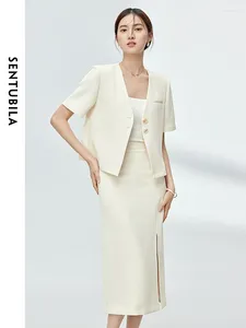 Рабочие платья Sentubila 2024 Summer Abricot Skirts Sets Women Blazer Suits Office Wear V-образные вершины с коротким рукавом расколоть прямые M32Z49694