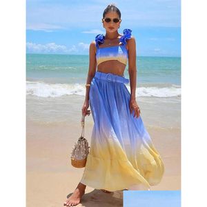 Abiti da lavoro Summer Women Tie Dye Stupina con gonna stampata Female Top con stampa a fionda e gonne Highwaist Lady Boho Beachwear set Dr Dhk4d