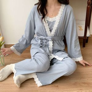Lace Patchwork Cotton Maternity Nursing Sleepwear Elegant Loose Pamas Suit for Pregnancy Women Home Sleep Lounge Wear 3PCS Set L2405