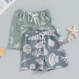 Småbarnbarn Baby Boys Summer Board Shorts Shorts Shell Print Elastic Waist Swimming Trunks For Boy Children Baddräkter Beachwear 240425