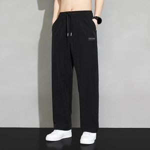 Men Sweatpants Ice Silk Smooth Drawstring Elastic Waist Straight Wide Legs Pockets Men Summer Sports Pants Jogging Trousers 240520