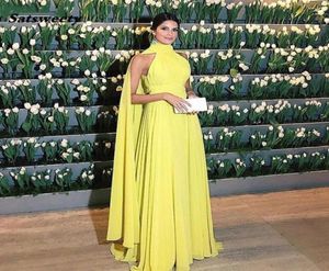 Abendkleider Dubai فستان حفلة موسيقية رسمية النساء الأنيقة شيفون Ruched عالية الرقبة كأس صفراء المساء 2021 Vestido Longo Festa9599589