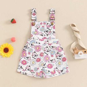 Jumpsuits 0-6Y little girl pendant shorts childrens wrap flower/chicken/cow printed sleeveless jumpsuit childrens summer clothing Y2405208TTG
