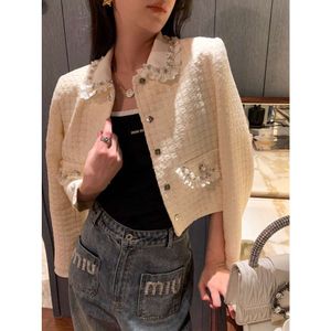 Women's Trench Coats Ce23 Autumn Winter New Pearl Diamond Polo Collar Lace Edge Bead Piece Knitted Coat for Fashion Versatile Sweet Short Style
