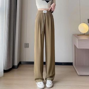 Mode Trend Simple Pending High midja snörning på tall Belly Loose Casual Straight Tube Hanging Ice Silk Suit Pants 240520