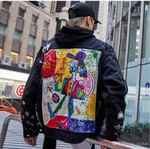 Hip Hop Graffiti Cartoon Ripped Denim Jackets Mens Casual Distressed Jeans Jacket Coat Streetwear Fashion Male Topps 14D42740124