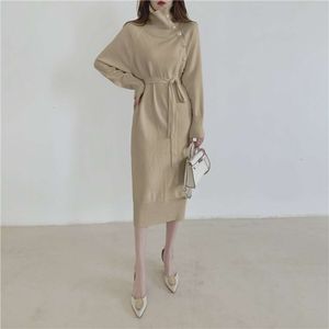 Evening Party Female Beautiful Elegant Dress Chic Autumn Winter 2021 New Button Sash Tie Up Formal Dresses Lady