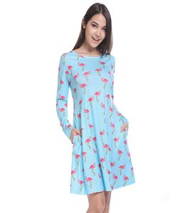 2018 Autumn New Women039s Plus size dress long sleeve Flamingo Print dress loose Casual ALine Dress S M L XL2006991