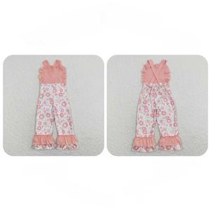 Jumpsuits grossist baby flicka blommor jumpsuit baby rosa ärmlösa barn veckade byxor baby blommig jumpsuit y240520envc