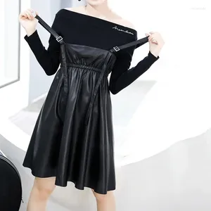 Lässige Kleider Frühling Frauen schwarz echtes Leder echter Schaffell ärmellose verstellbarer Riemen hoher Taille Schlanker A-Line-Kleid Robe Frau