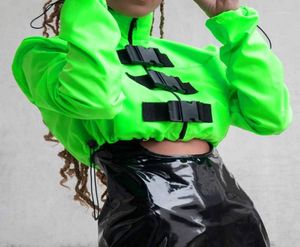 Women039s Kurtki 2021 Modna neon zielona kobiety Krótka kurtka zamek błyskawiczny Kurek Casual Windbreaker Długie rękaw Elastyczne sznurka CO8397500