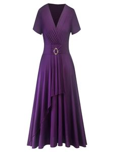 レディースのためのエレガントなドレス安いプラスサイズのドレス中年女性ファッションF0638紫色の黒い色付きボタン4365283
