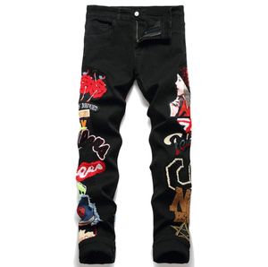 Men Stretch Slim Fit Black Jeans Spring Autumn Embroidered Beauty Patch Pants Ripped Skinny Street Punk Denim Pencil Trousers6838874