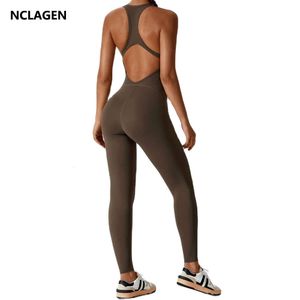 Nclagen One-Piece Yoga Suit Seveless Backlessセット女性スポーツウェアセクシーなジム服ホローアウトスポーツジャンプスーツフィースワークアウトL240520