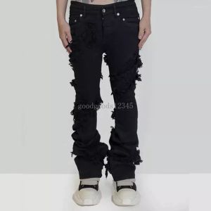 Herr jeans mode blossade mäns rippade nödställda streetwear svarta denim byxor långa band trend man