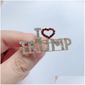 Pinos broches por atacado Trump Crystal Rhinestones Carta de design vermelho coração palavras feminino pin girlas casat vestido de jóias entrega dhmmu
