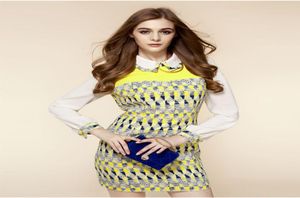 2013 Autumn New Europe Estilo Color Geométrico Mosaico Lappel Longsleeve Slim Princess Dress3269126