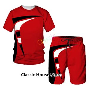 Mens 3D spårad kostym Summer Fashion Mens Tshirt Shorts 2-stycken Casual Set Street Clothing Overdimased Herrkläder 240518