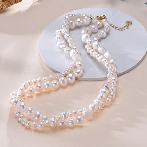 Naturliga sötvattenspärlor Dubbelskikt Beaded Barock Shape Necklace S925 Sterling Silver Chain Elegant Jewelry Gifts for Women 240518