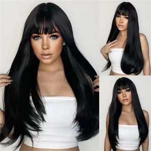 Ly sprzedawał Wig Womens Black Long Hair z grzywką kudłaty peruka syntetyczna włókno wysokiej temperatury jedwabny kaptur mechaniczny 240510