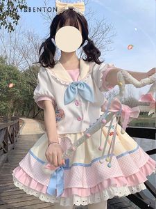 Sukienki robocze Summer Kawaii Sweet JK Scirt Sets Cute Sailor Collar Bow Shirt Dopasowanie sukni balowej Dwuczęściowe wyprzedzenia kobiet