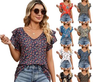 AST830338# Naturalna i elegancka letnia nowa moda drukowana damska koszulka z dekoltem w dekolcie z podwójnie warstwową lotosową krawędzią