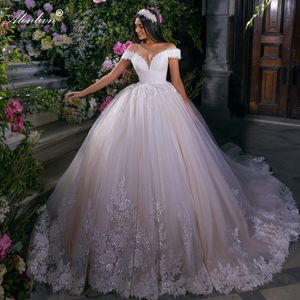 Sparkly Lace Off Shoulder Sleeves V-Neck Ball Gown Wedding Dress Beading floral patterns princess Bridal Gowns embroidered With Multi-layered Delicate Tulle