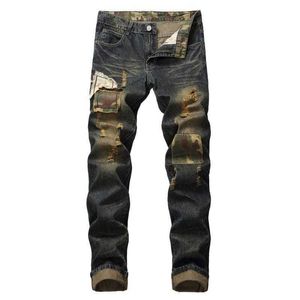 Mens Jeans The European And American High Street Ripped Mens Slim Feet Men Leather Folds Locomotive Stretch Trousers