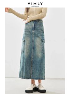 Vimly Vintage High Waist Cotton Casual Jean Maxi Skirt Woman Spring Fashion Straight Split Denim Long Skirt Female 72613 240513