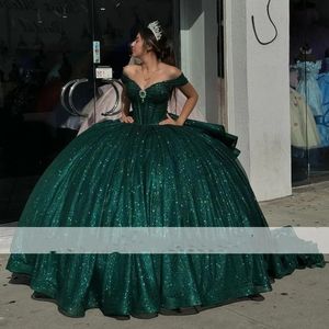 SPARKLE Green Quinceanera si veste dalla spalla paillettes Vestitido de 15 Anos 2024 Bow Sweet 16 Gowns da ballo