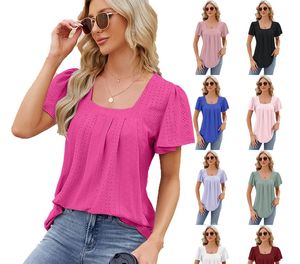 AST631238# Street trend European and American style women's pleated hollow square collar solid color jacquard short-sleeved swallowtail T-shirt