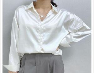 Jesienna moda guzika satynowa jedwabna koszula vintage bluzka swoboda luźne koszule dół Topy Lady długi rękaw żeńska blusas 2208093699307
