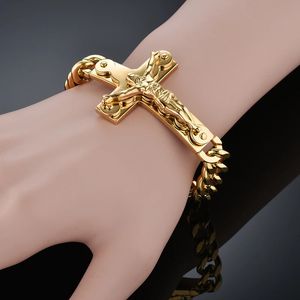 Jesus Cross Mens 14K Gold Armband Männlich Großhandel Pulseira Herren Braketts Goldfarbe Handgelenk Armbänder für Männer Schmuck Schmuck