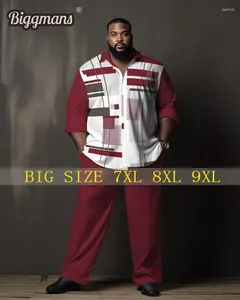 Herrspårar Biggmans Gradient Two Piece Set Shirt For Office Clothing Print Lattice långa ärmar byxor Big Plus Size Suit L-9XL
