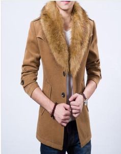 Hela 2015 varumärkesmän Wool Blends Coat med lyxpäls för män Trend Winter Soft Medium Long Allmatch Trench Coat8660630