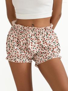 Kvinnors sömnkläder lounge shorts casual cherry tryck elastisk midja rufsade blommor för sommaren