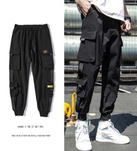 Masculino Spring Hip Hop Joggers Black Harem Cargo Cargo Multipockock Ribbons Male Sweatswear calças casuais m3xl5141910