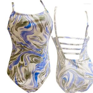 MEDIA DE ARIMELAÇÃO feminina 2024 Sexy Blue Floral Cutout Halter Halter One Swimshits Up Back Back Moman Monokini Beach Bathing Suits