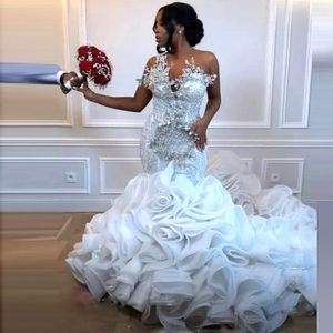 Luxurious Mermaid Wedding Dresses Beaded Crystals Lace Up Ruffles Bottom Organza Bridal Gown Black Girls Vestidos De Novia Customed