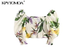 KPytomoa Women Fashion Floral Print Ruffled Cropped Bluses Vintage Lantern Sleeve Elastic Smocked Female Shirts Chic Tops 2102256619594