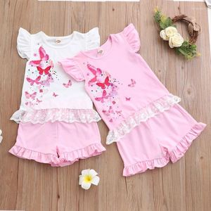 Clothing Sets Summer Kids Girl Set Clothes 2 Pcs Butterfly Print Flying Sleeve Lace Tops Short Pants Cotton Casual Girls 1-5Y