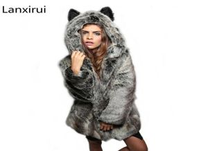 Like Wolf Artificial Fox Fur Coat Cartoon Ear Hooded Faux Rabbit Fur Coats 330B7080421