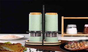 Vete Straw Electric Salt Pepper Grinder Set LED Light Automatisk krydd Herb Mill Justerbar grovhet Ceramic Core Kitchen Tool 28361368