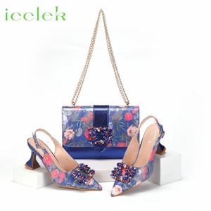 Kleiderschuhe Royal Blue 2024 Nigerian Style Strass mittelhylerte Sandalen für Frauen Mode und Taschen Set Hochzeitsfeier