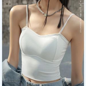 Women's Tanks Double Shoulder Strap Ice Silk With Chest Pad Small Suspender Female Summer Inner Bottom Black Sexy Hundred Back Vest Outer