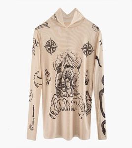 2022 Autumn New Fashion Women Basal Top Goddess Tatoo Print Long Sleeve High Tight Collar Nude Color Mesh Yarn SEXY Tshirt B666 C4951414