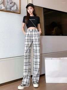 Frauenhose Kleidung Reißverschluss Frauen Weitbein Hosen Frau Knöpfe plaid hohe Taille Koreanische Mode Original Baumwolle G Ästhetik in