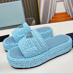 Designer vävda gräs tofflor kvinna tasman toffel halm vävd sandal kvinnor virkning plattform glider pool kudde komfort sandaler kvinnor mule dhgate med låda storlek 35-42